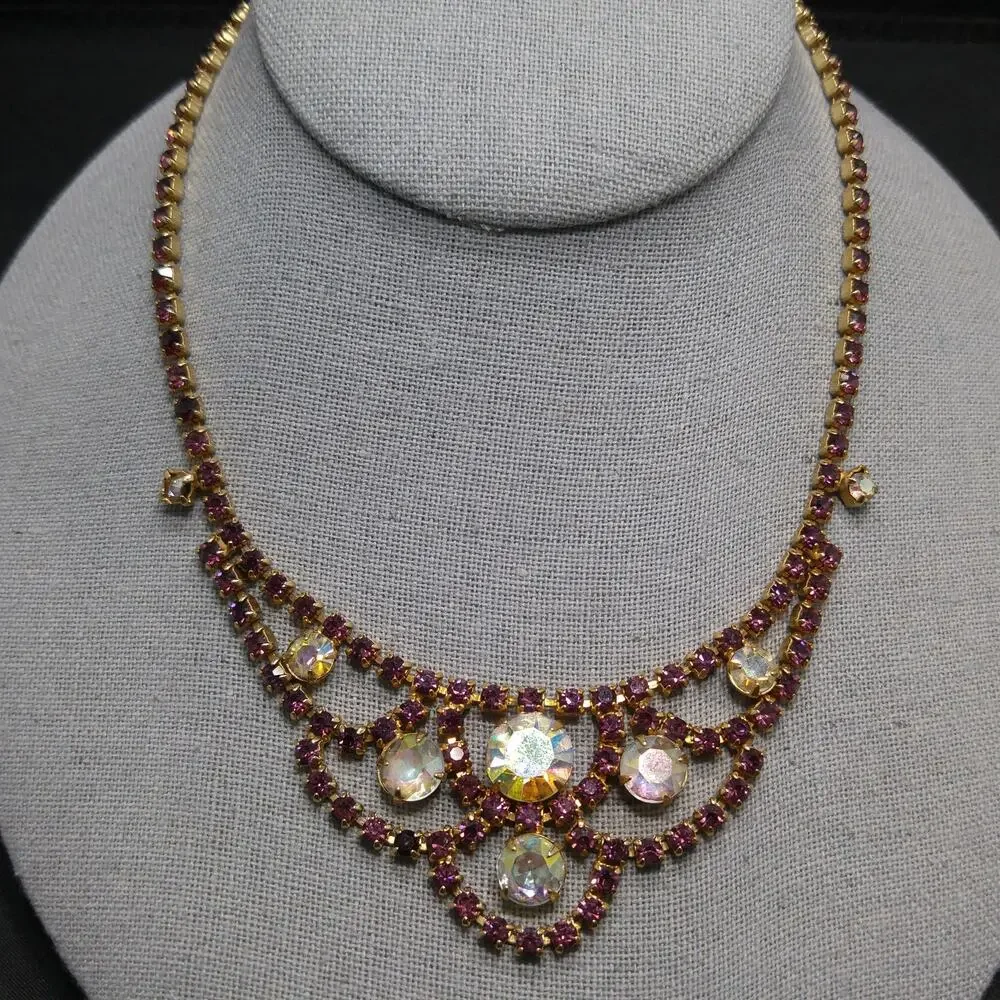 Vintage Purple AB Clear Rhinestone Choker Necklace, Gold Plated, Aurora Borealis